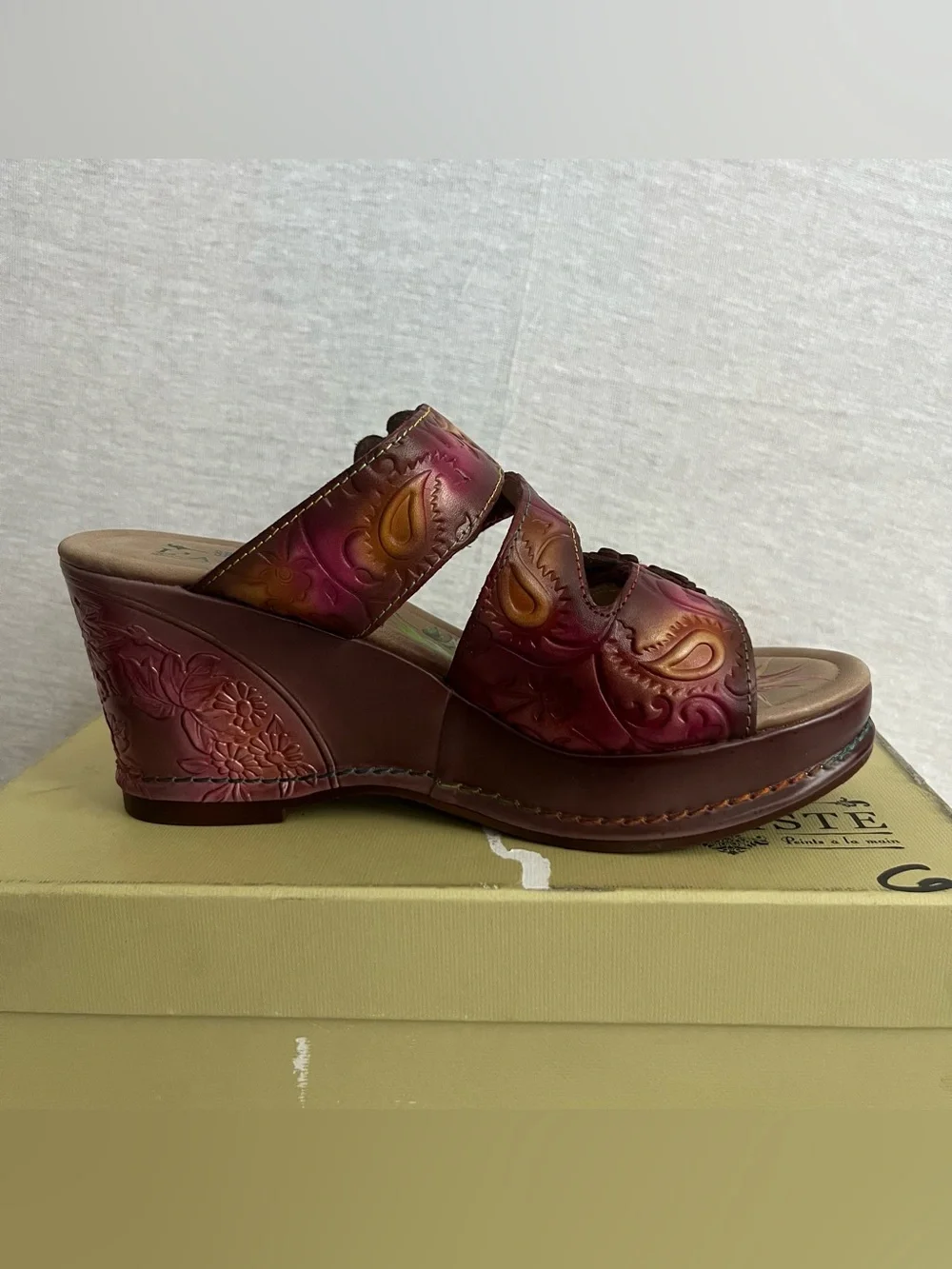 L'Artiste Spring Step Bleeker Floral Embellished Tooled Leather Wedge Sandals